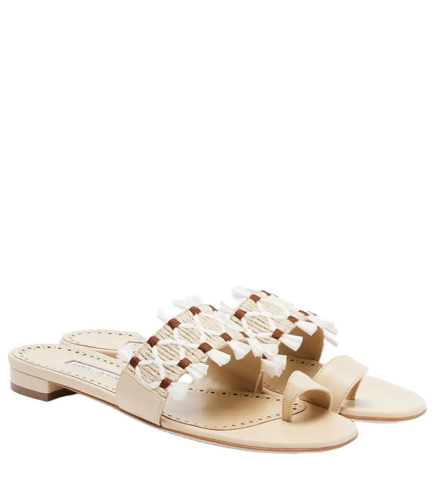 Manolo Blahnik Brava raffia-trimmed leather sandals