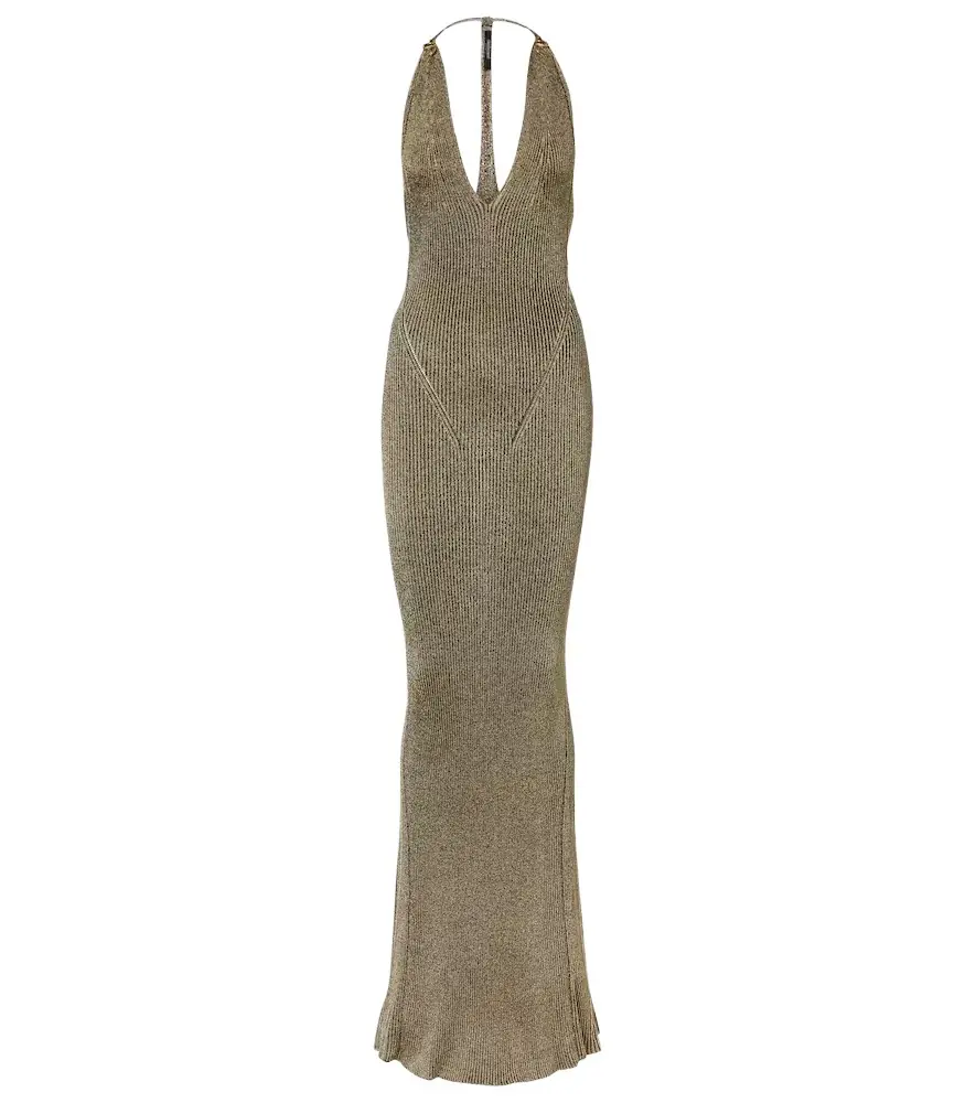 Roberto Cavalli Ribbed-knit lamé maxi dress