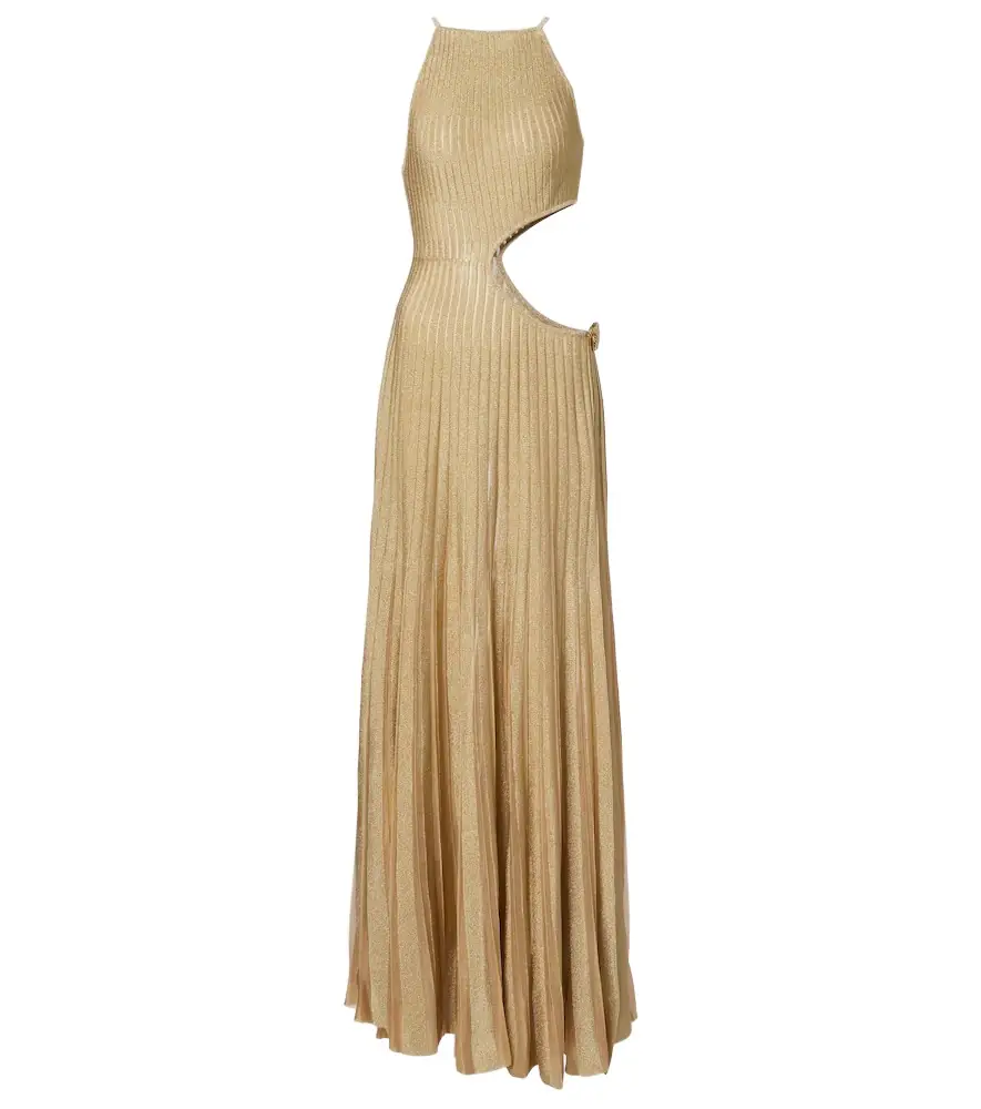 Roberto Cavalli Cutout ribbed-knit sheer lamé gown