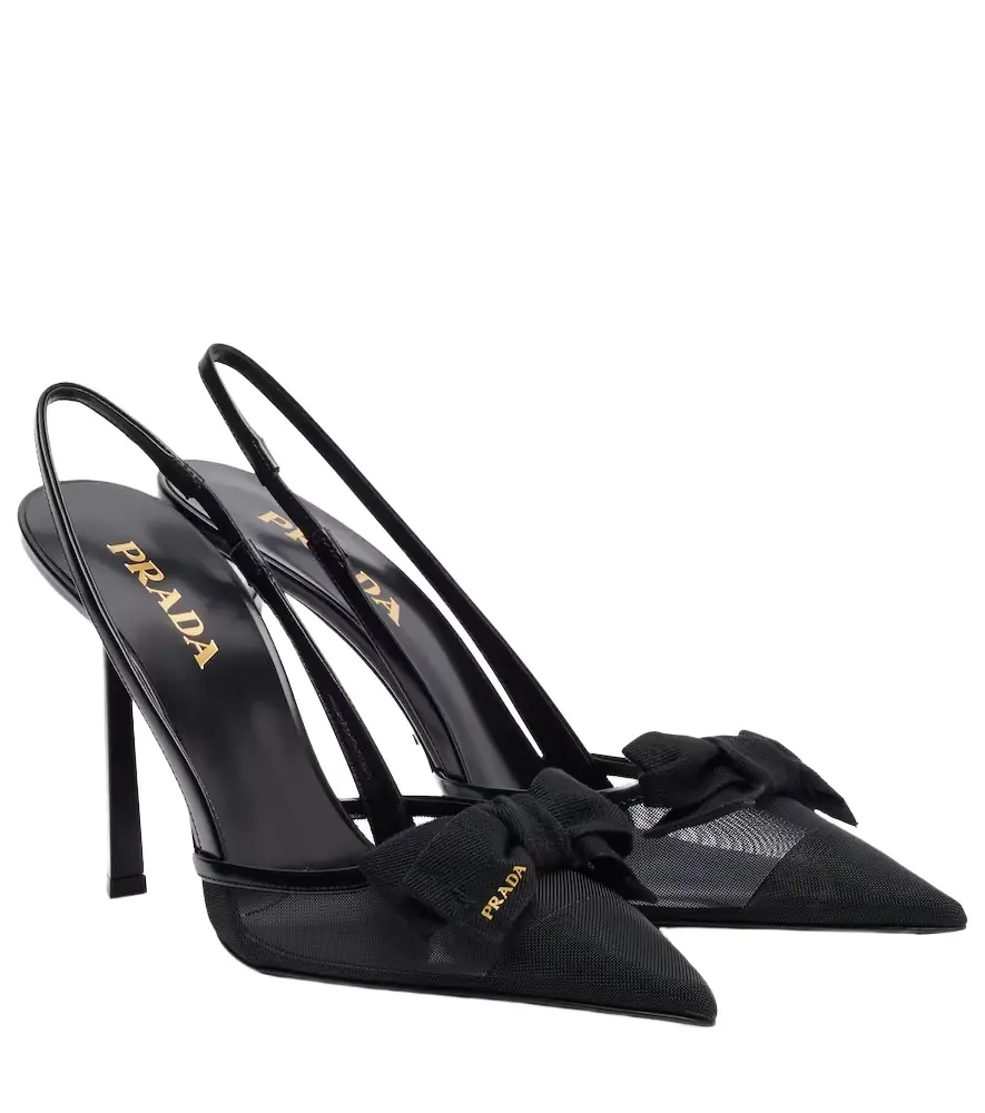 Prada 100 leather-trimmed mesh slingback pumps