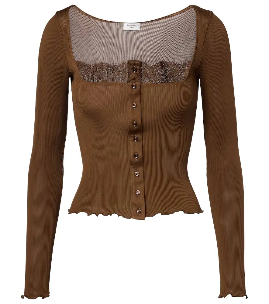 Saint Laurent Lace-trimmed ribbed-knit silk jersey top