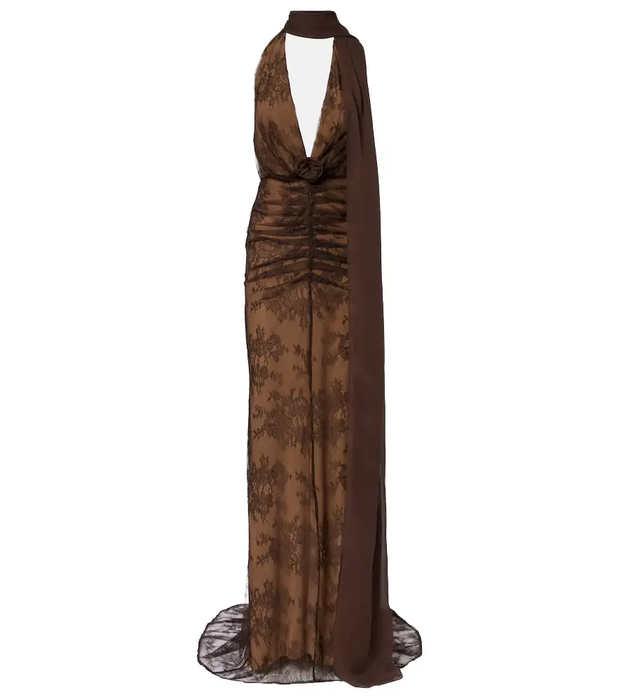 De La Vali Amora scarf-detail ruched lace maxi dress