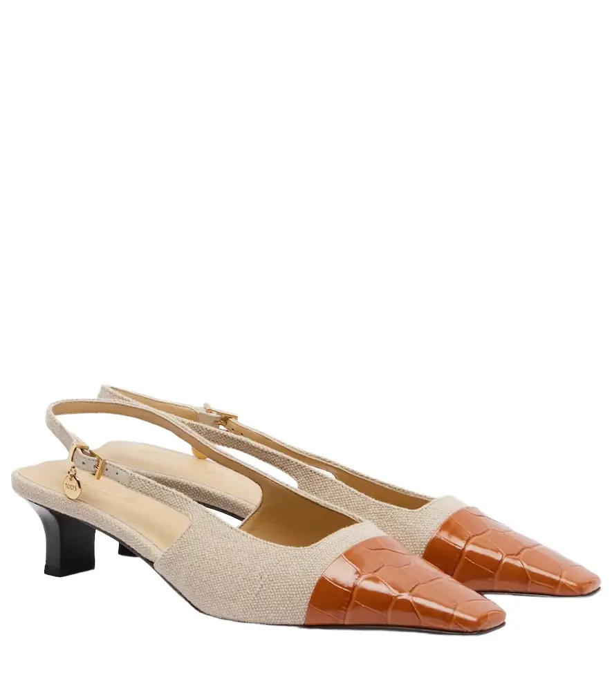 Tod's Leather-trimmed canvas slingback pumps