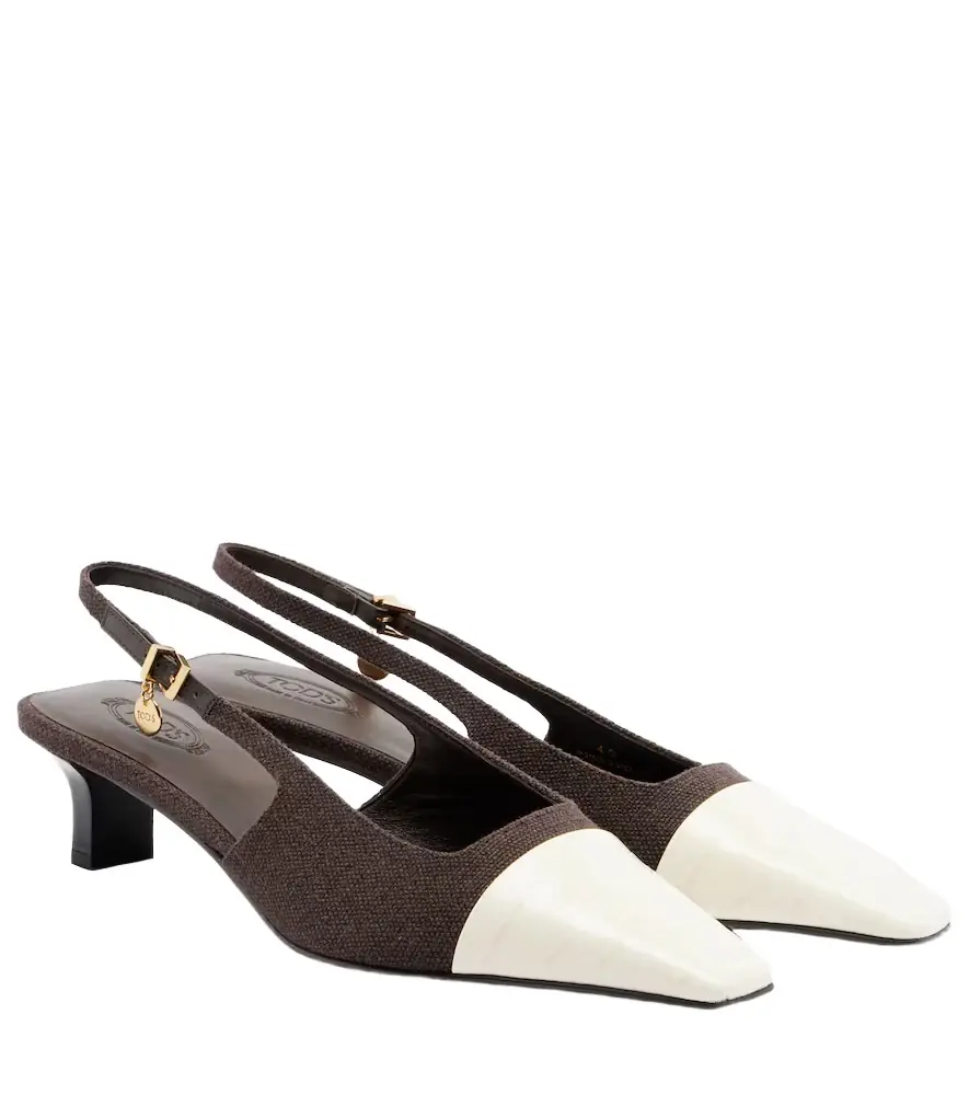 Tod's Leather-trimmed canvas slingback pumps