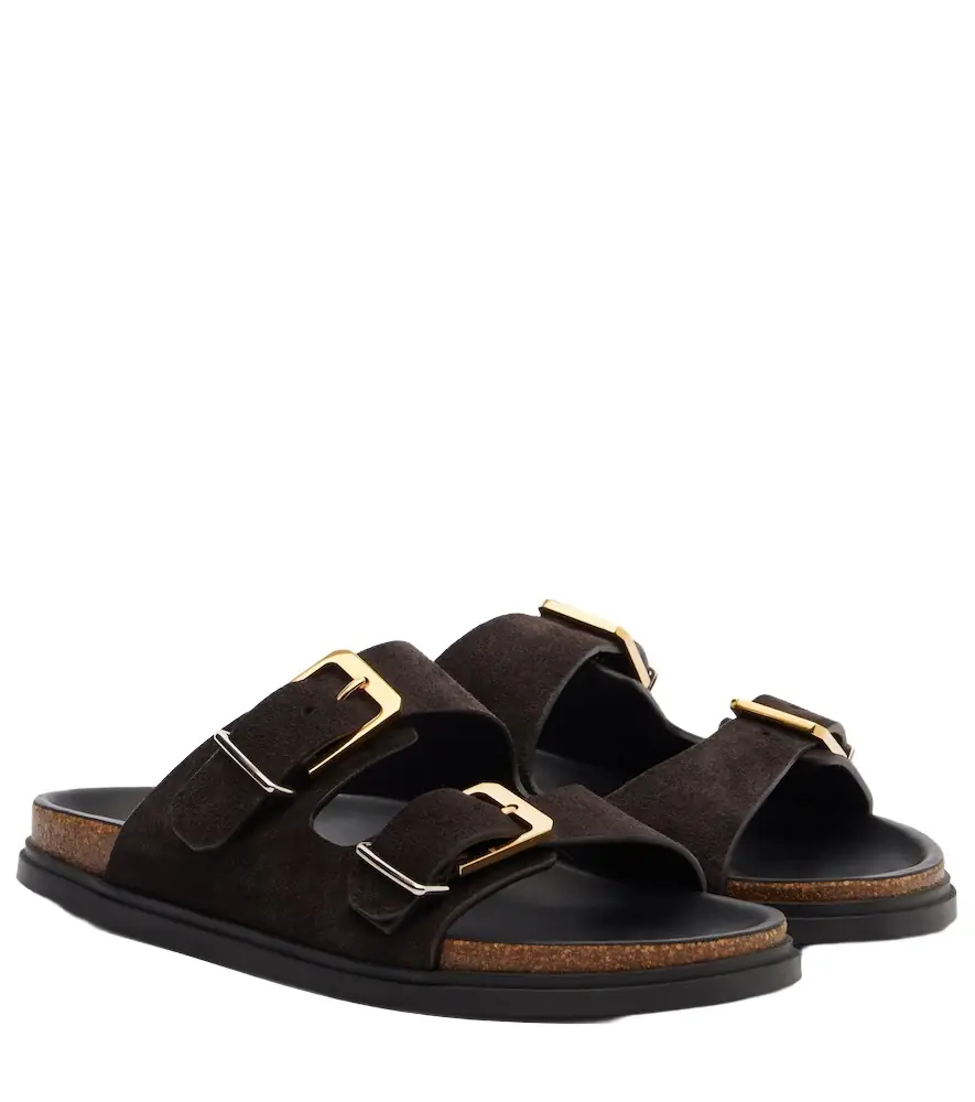 The Row Buckle suede slides