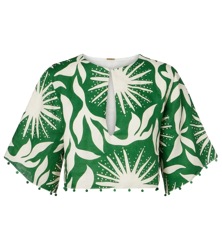 Cala de la Cruz Iris beaded printed linen crop top