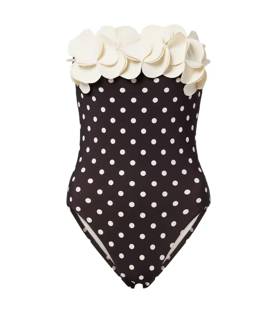Karla Colletto Floral appliqué polka-dot bandeau swimsuit