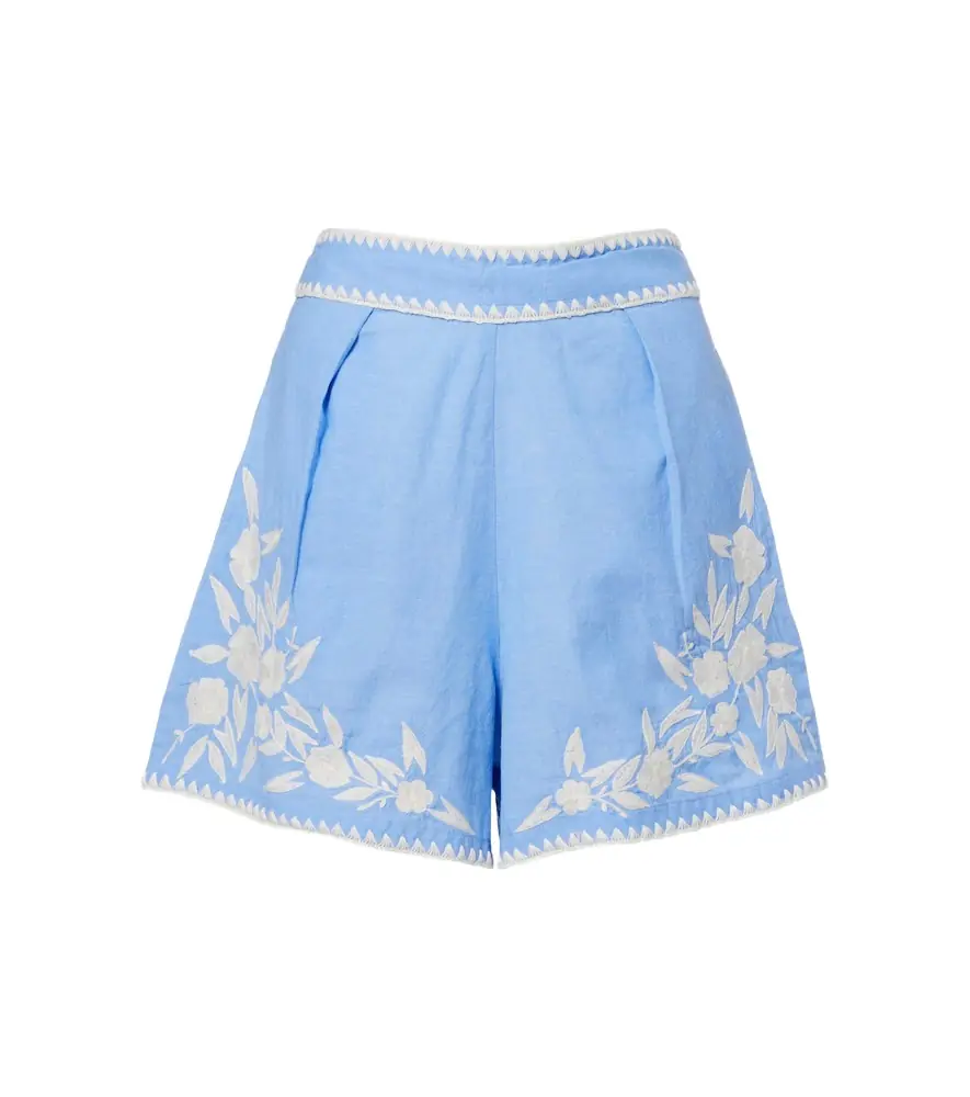 Juliet Dunn Embroidered cotton chambray shorts