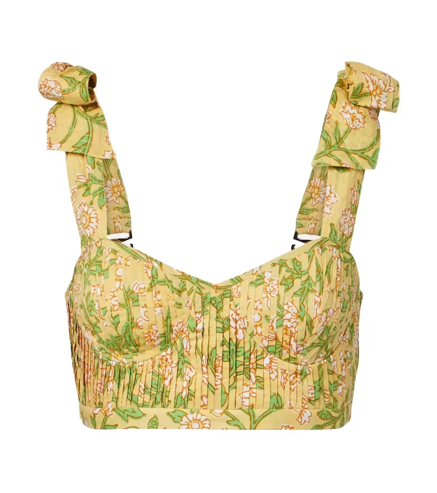 Poupette St Barth Carla pleated floral cotton crop top