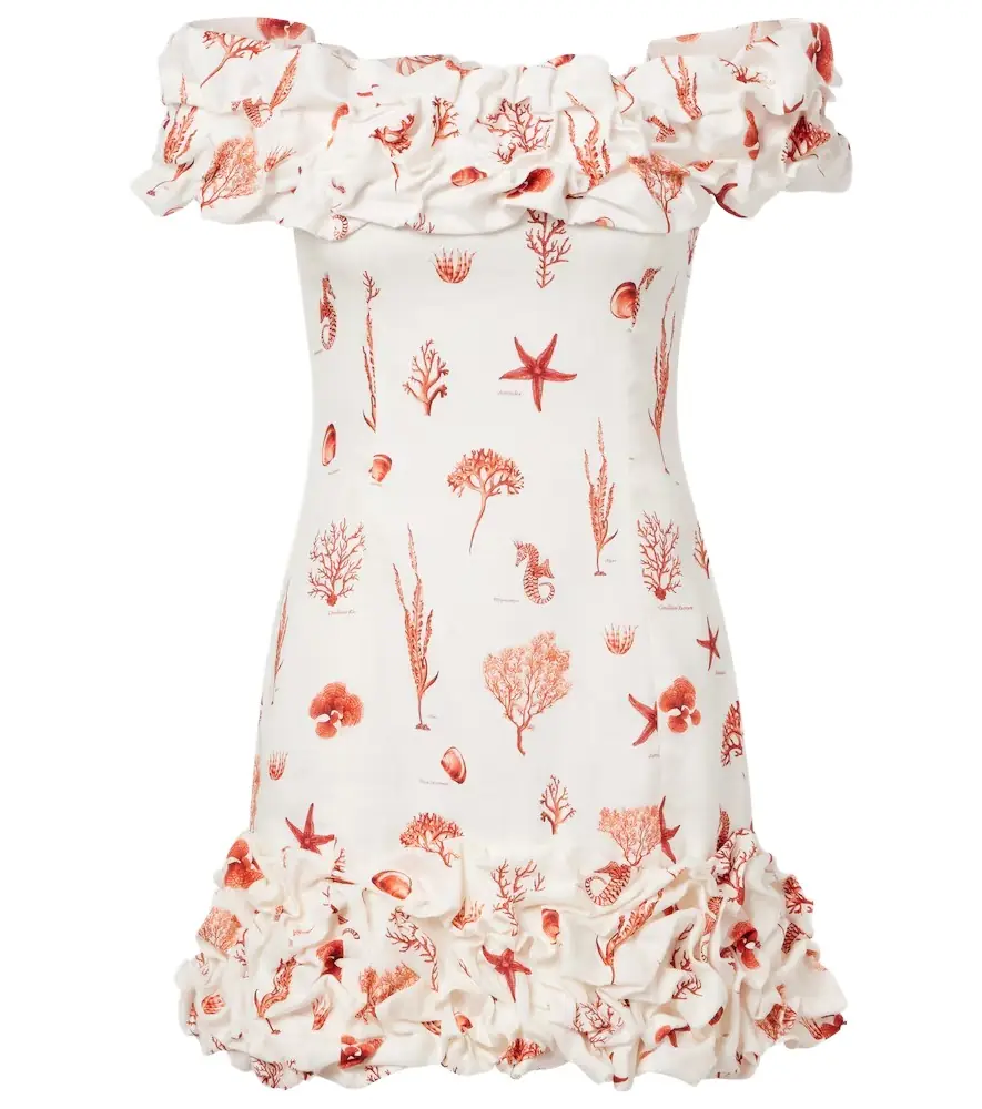 Agua by Agua Bendita Jardin printed off-shoulder linen minidress
