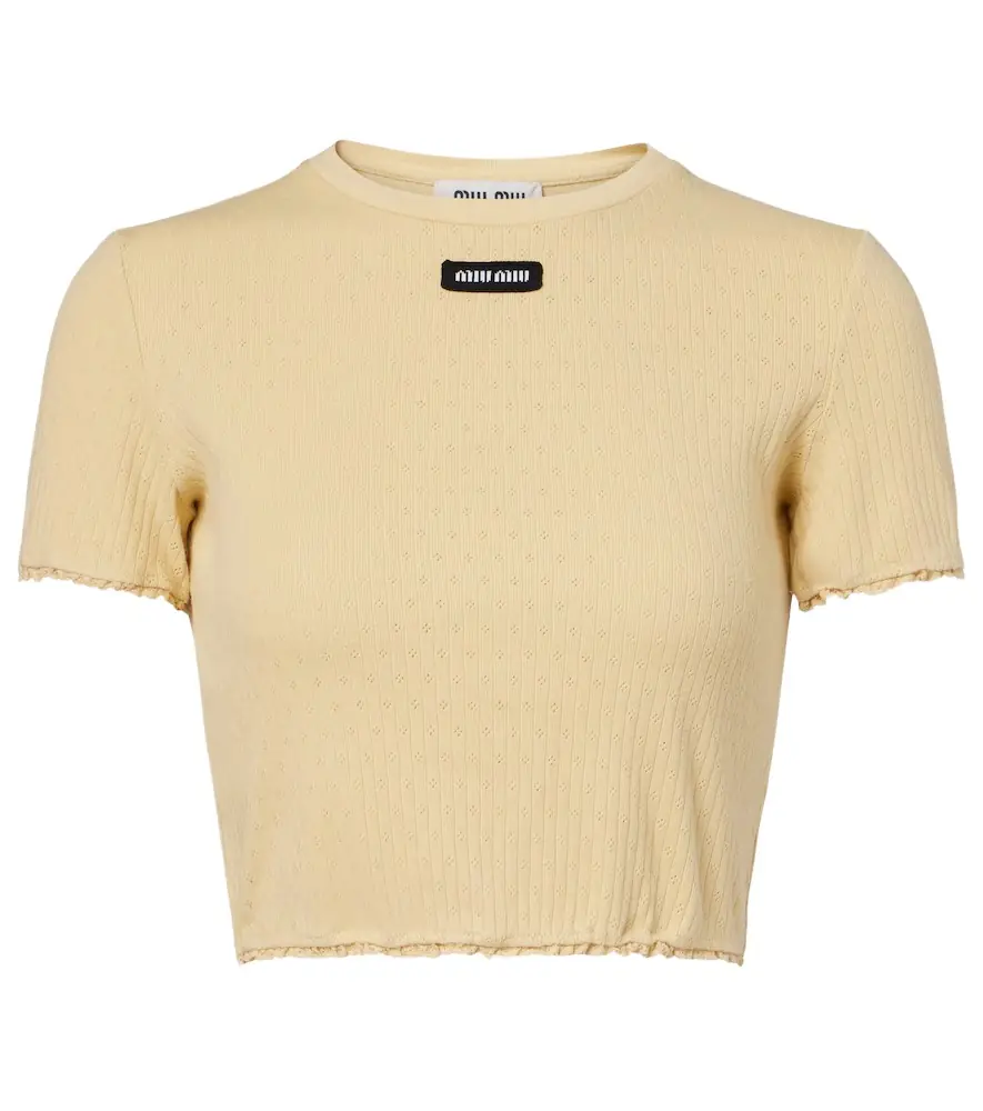 Miu Miu Lace-trimmed pointelle cotton crop top