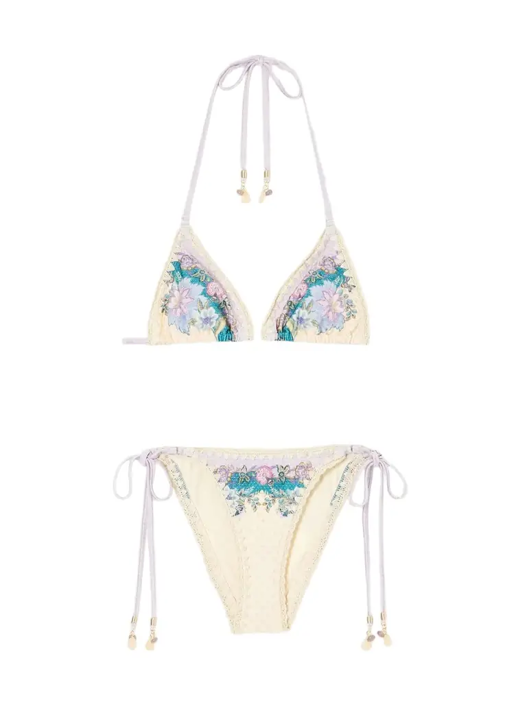 Zimmermann Floral-print Crochet-trimmed Bikini Top