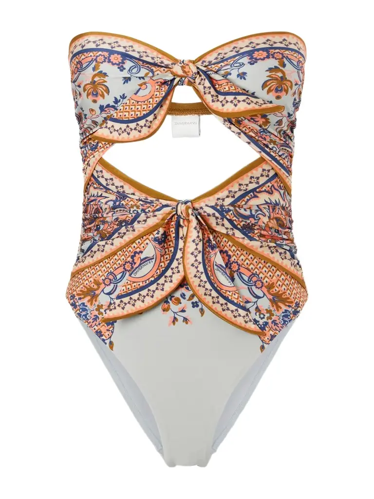 Zimmermann Aster Strapless Knot-detailed Cut-out Printed Swimsuit