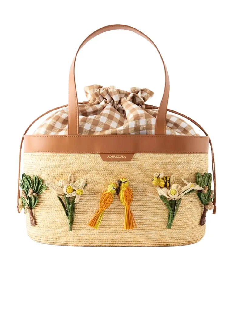 Aquazzura Birdsong Appliquéd Leather-trimmed Raffia Tote