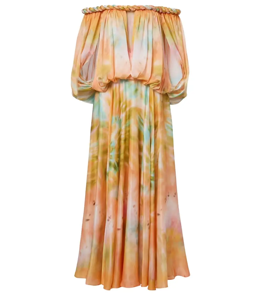 Zimmermann Luna off-shoulder printed silk chiffon gown