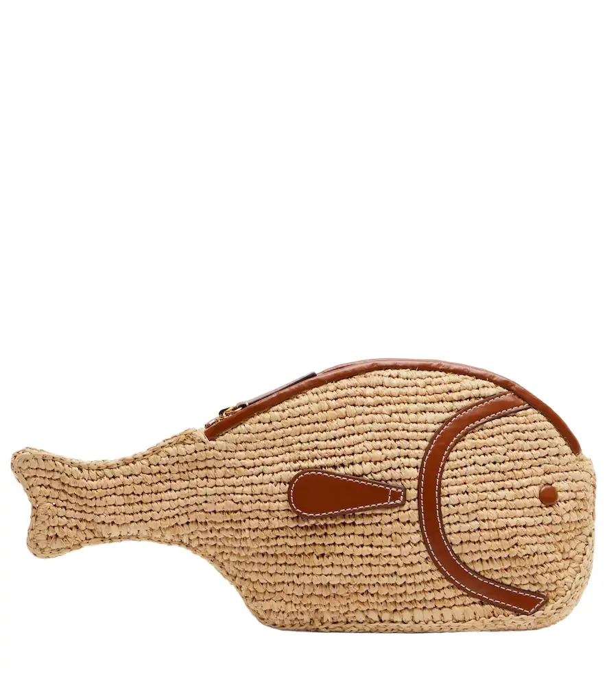 Staud Pesce leather-trimmed raffia clutch