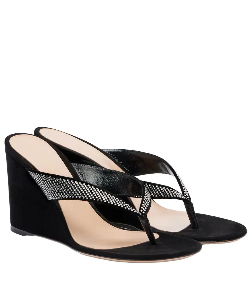 Gianvito Rossi Crystal-embellished suede wedge thong sandals