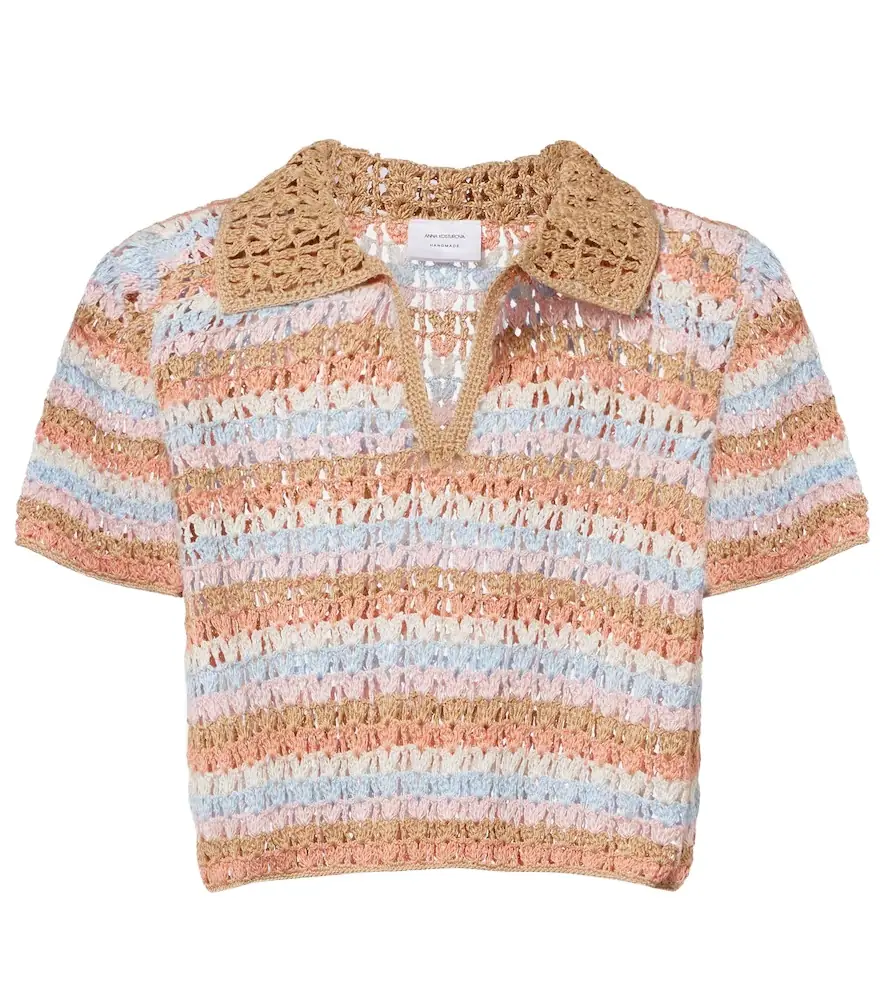 Anna Kosturova Crochet striped cotton polo shirt
