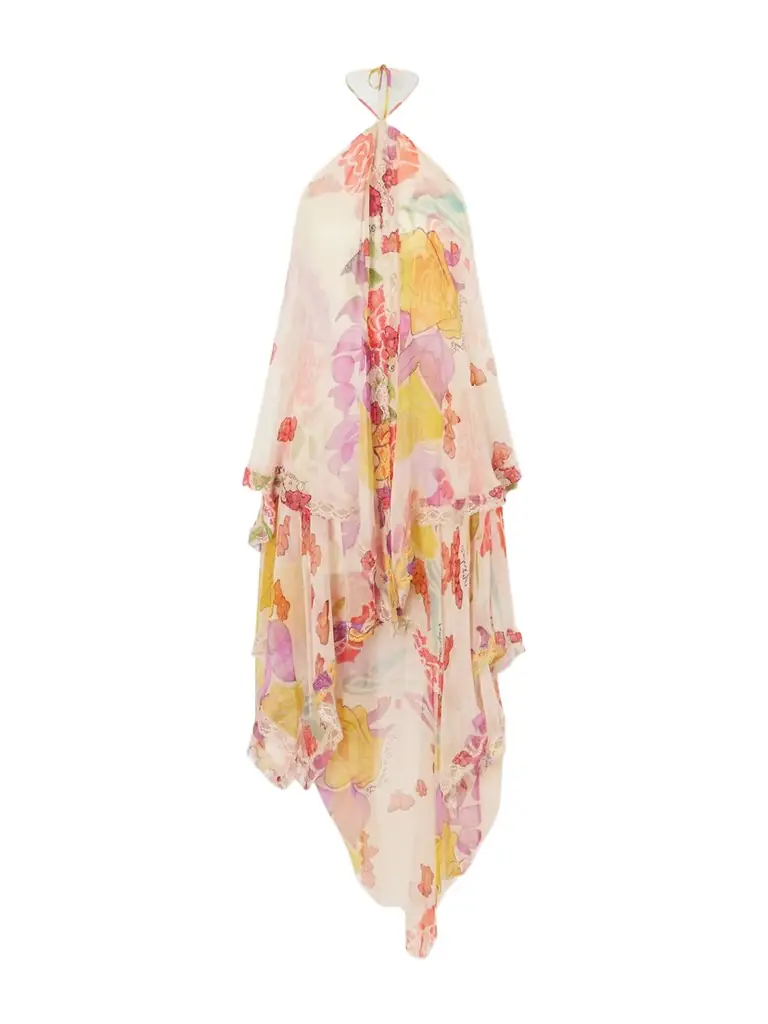 Donde Esteban Flores Ruffled Asymmetric Lace-trimmed Silk-chiffon Halterneck Maxi Dress