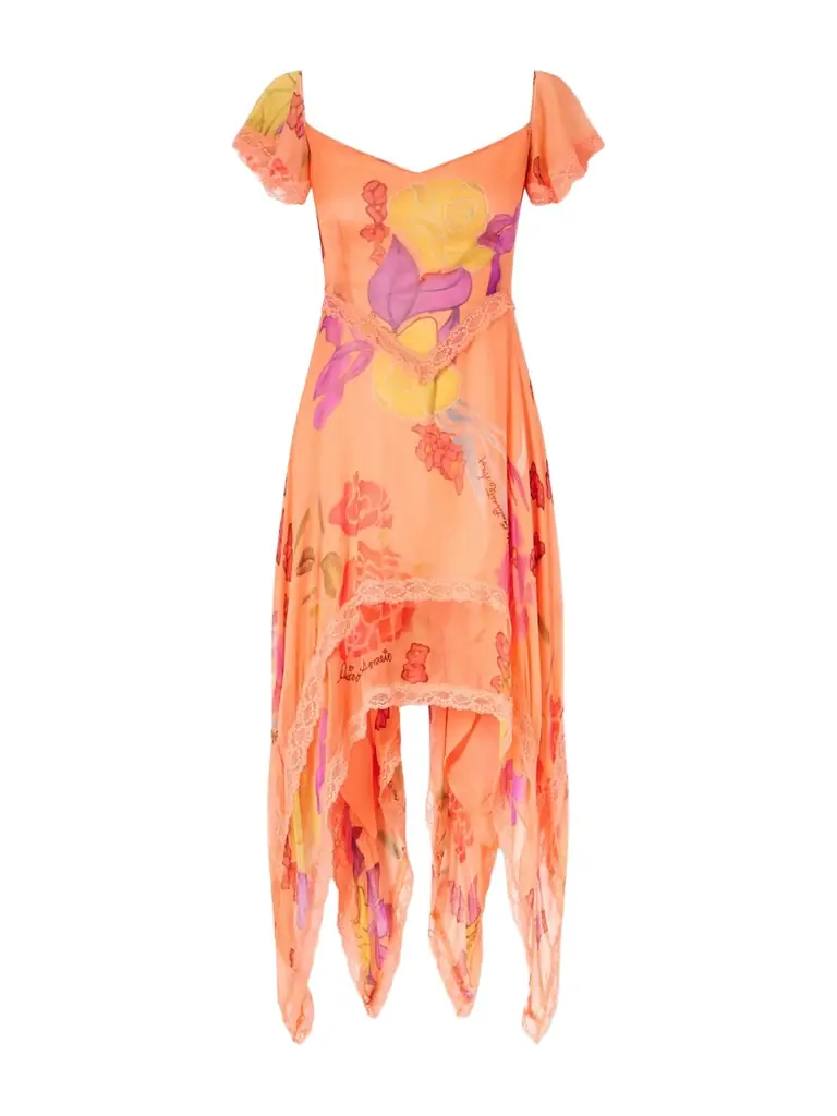 Donde Esteban Guava Flores Ruffled Asymmetric Lace-trimmed Silk-chiffon Midi Dress