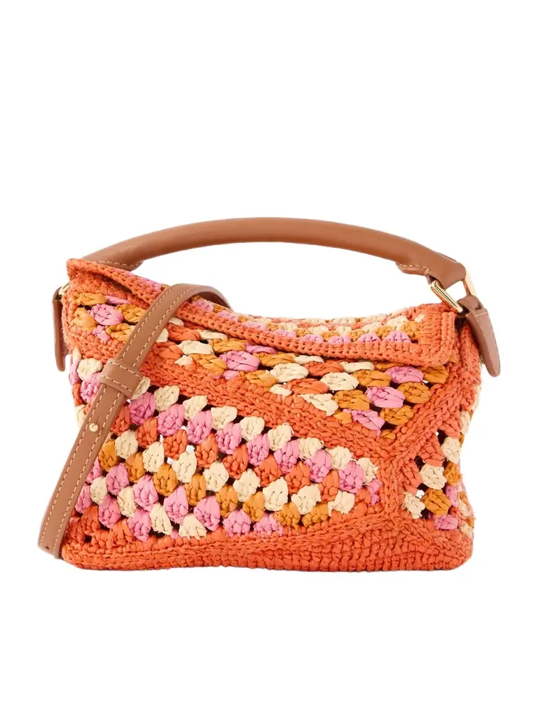 Loewe + Paula's Ibiza Puzzle Edge Mini Leather-trimmed Crocheted Raffia Shoulder Bag