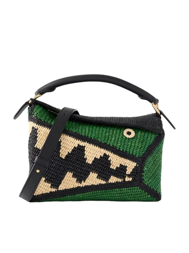 Loewe + Paula's Ibiza Puzzle Edge Crocodile Leather-trimmed Raffia Shoulder Bag