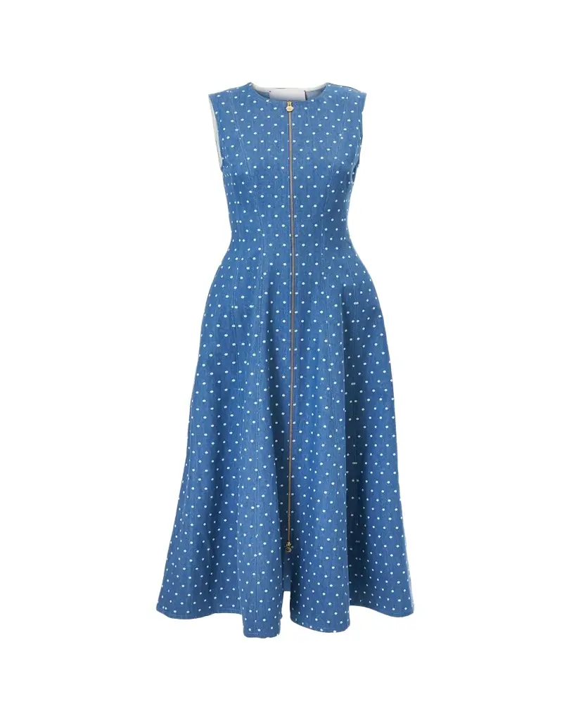 Carolina Herrera Sleeveless Polka-Dot Denim Zip-Front Midi Dress