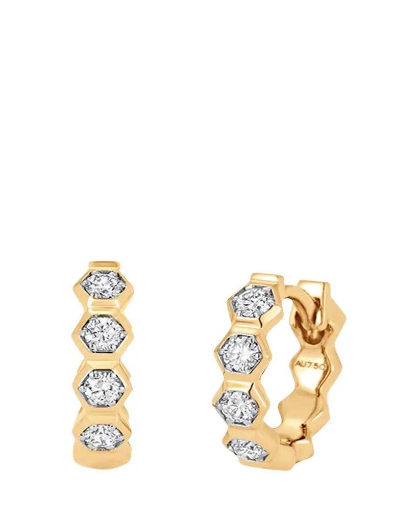 Sara Weinstock Honey Comb 18K Gold & Diamond Huggie Earrings