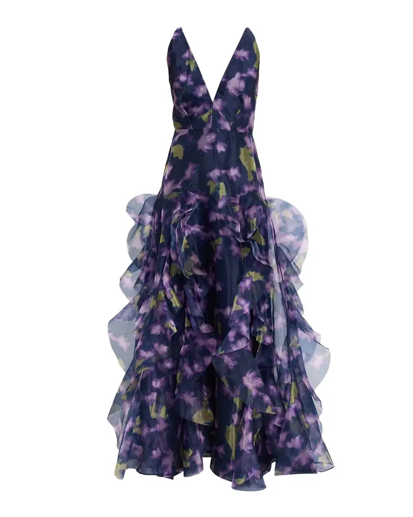 BCBGMAXAZRIA Low-Back Deep V-Neck Organza Gown
