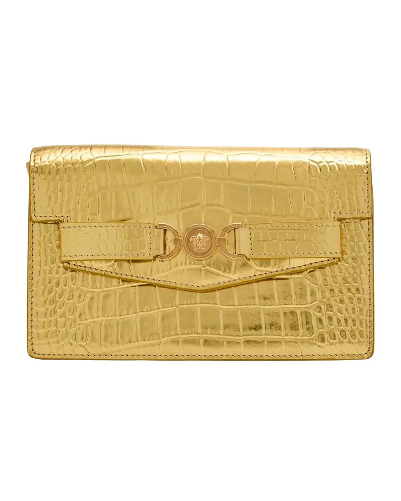 Versace La Medusa Laminated Croc-Embossed Wallet on Chain
