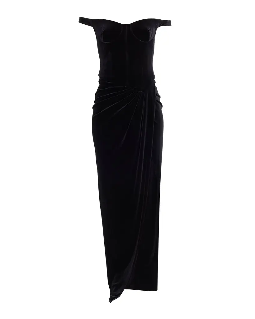Alex Perry Off-The-Shoulder Velvet Bustier Draped Maxi Dress
