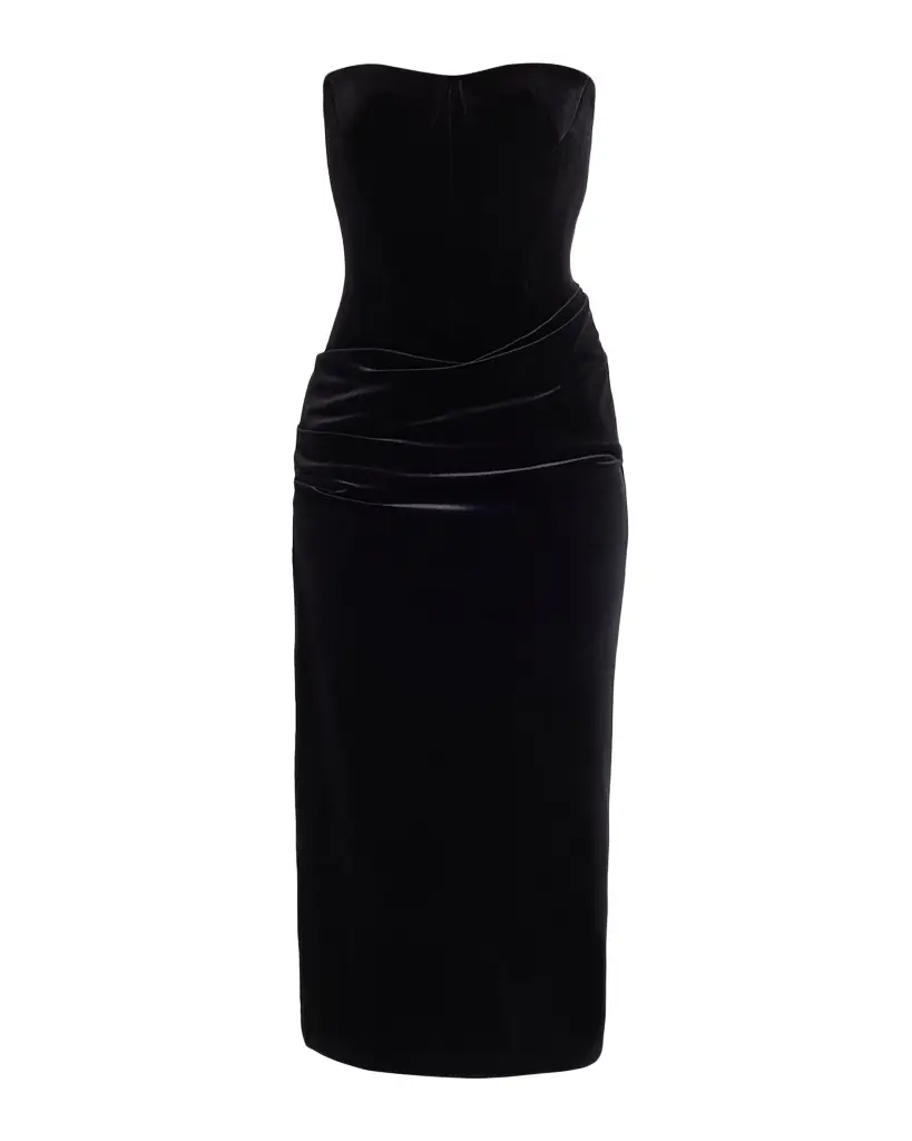 Alex Perry Strapless Velvet Draped Bustier Midi Dress