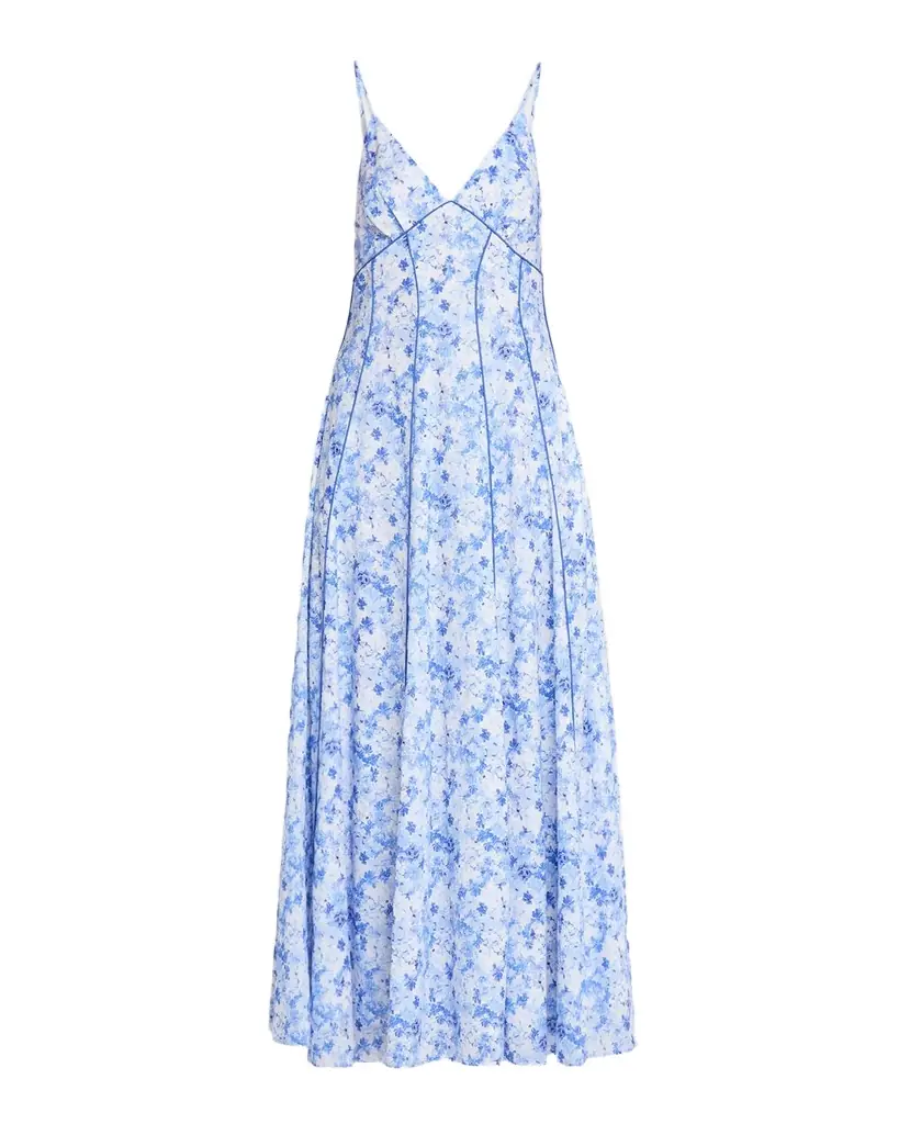 Rosie Assoulin Watercolor Floral-Print Piped Cami Maxi Dress
