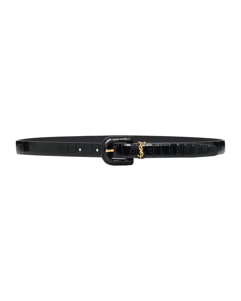 Saint Laurent Cassandre Croco-Embossed Leather Thin Belt