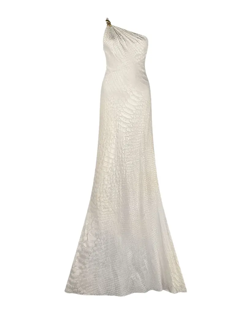 Roberto Cavalli Serpentine-Print Silk One-Shoulder Maxi Dress