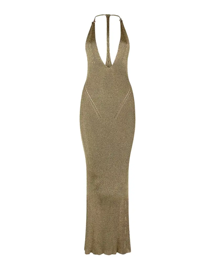 Roberto Cavalli Plunging Metallic Rib Knit Maxi Dress