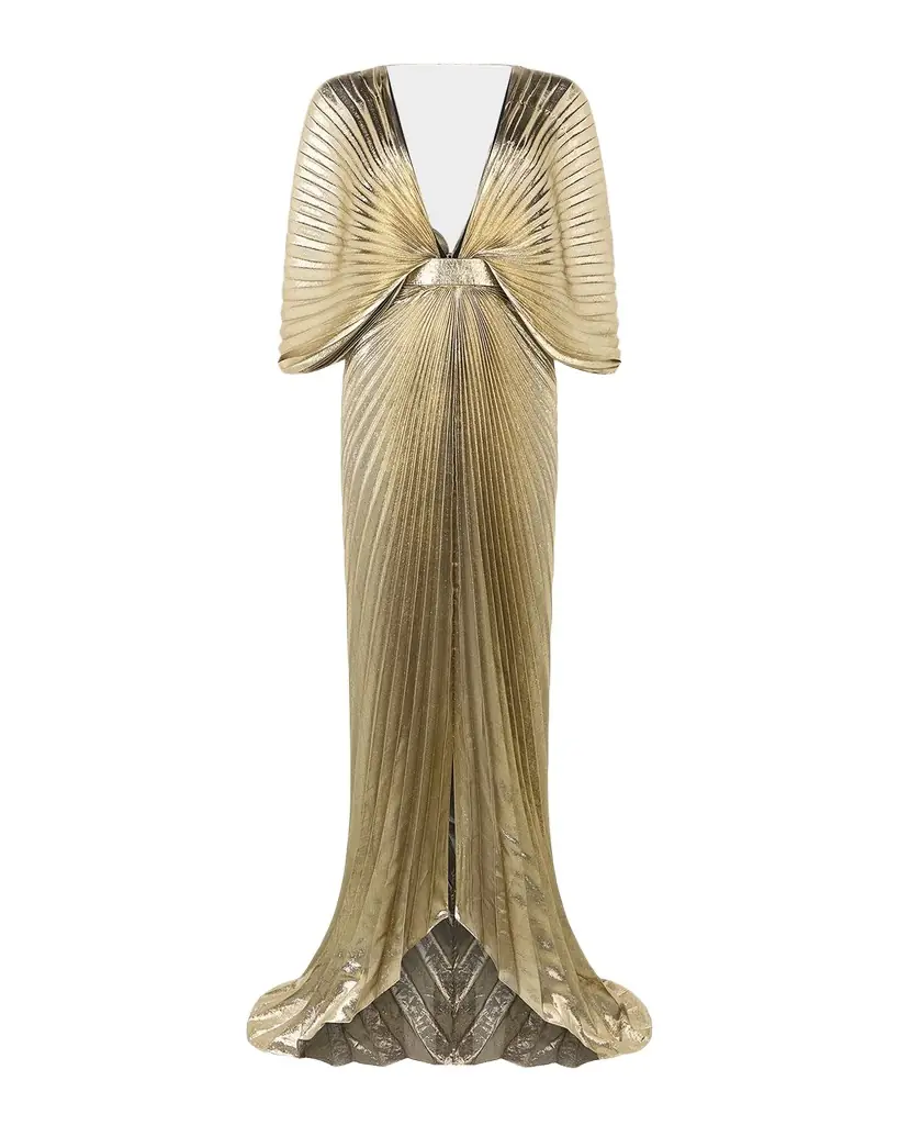 Roberto Cavalli Plunging Pleated Lame Silk Backless Gown