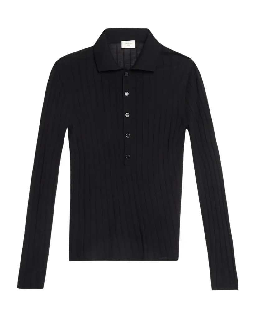 Saint Laurent en 's Wool Flat Rib Long-Sleeve Polo Shirt
