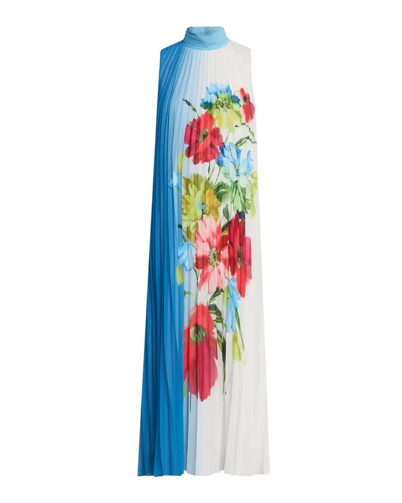Elie Tahari Reilley Sleeveless Pleated Floral-Print Midi Dress