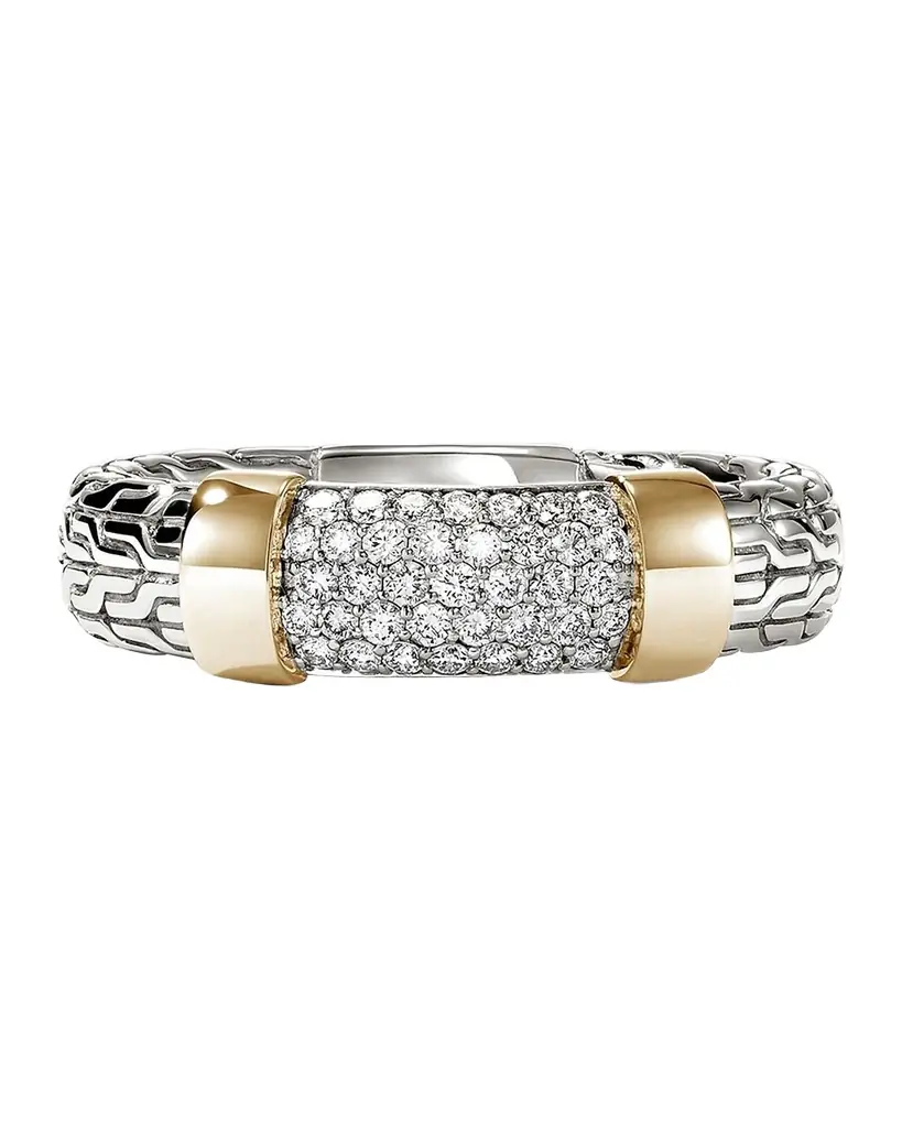 John Hardy Men 's JH Essential Diamond Pave Ring in Sterling Silver and 14K Gold, 5mm