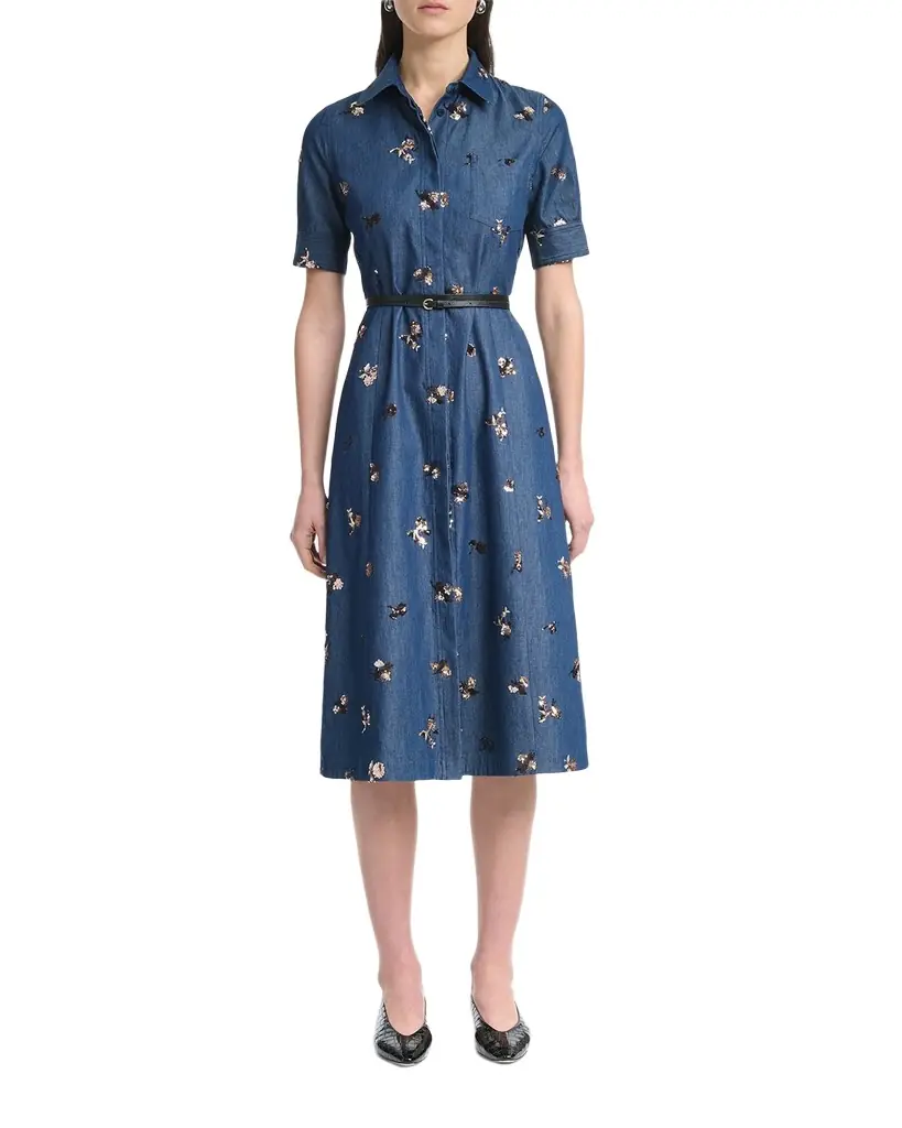 Altuzarra Kieran Sequined Floral Denim Midi Shirtdress With Belt
