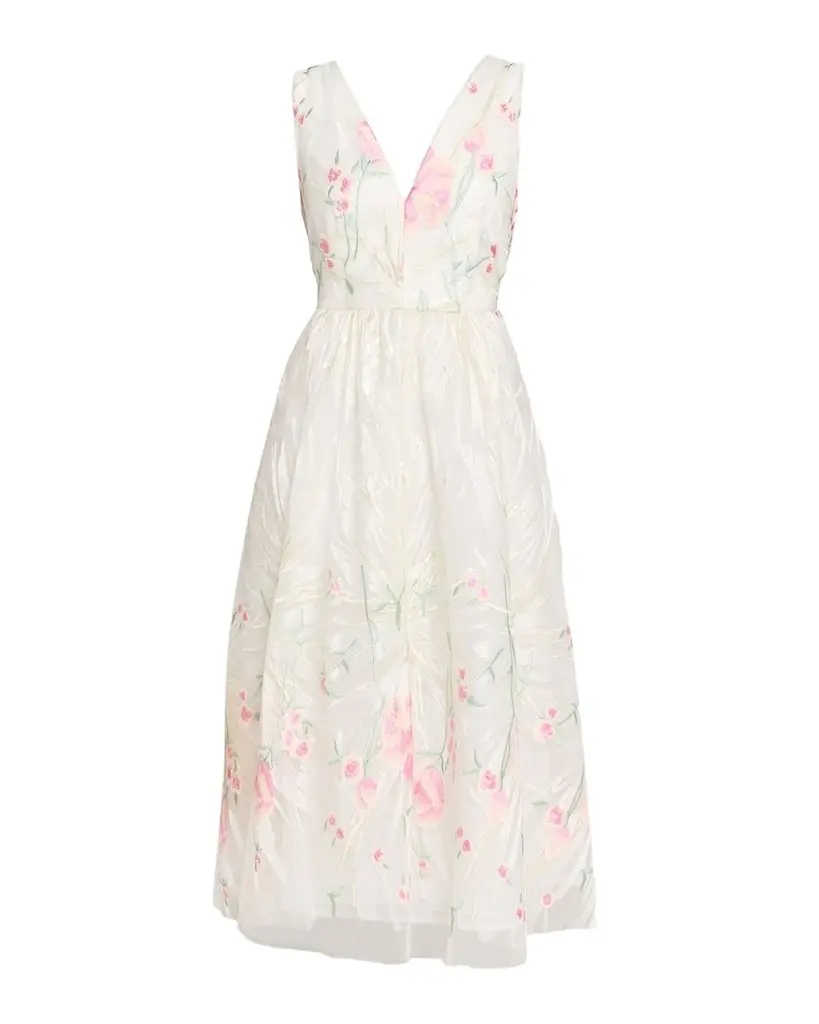Milly Tinsley Floral-Embroidered Mesh Midi Dress