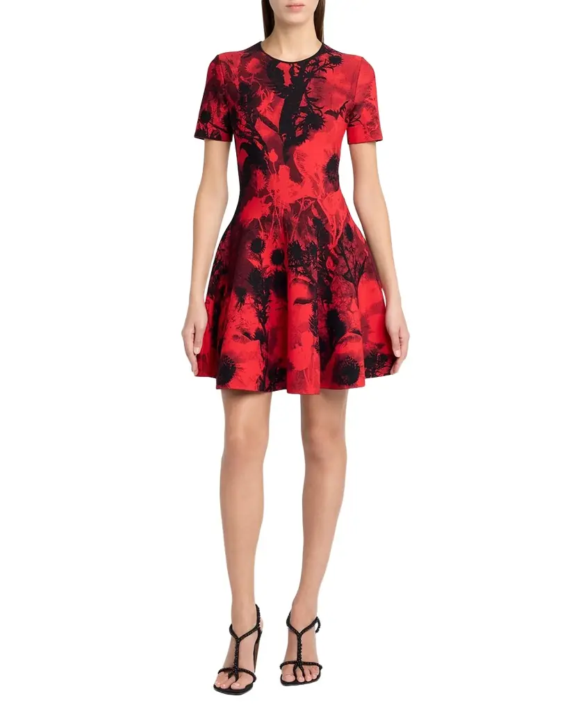 McQueen Floral Jacquard Short-Sleeve Mini Dress