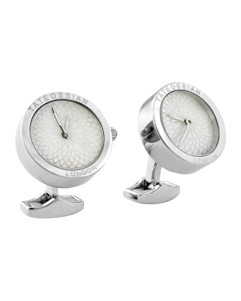 Tateossian Men 's Stainless Steel Guilloche Mother of Pearl Watch Cufflinks