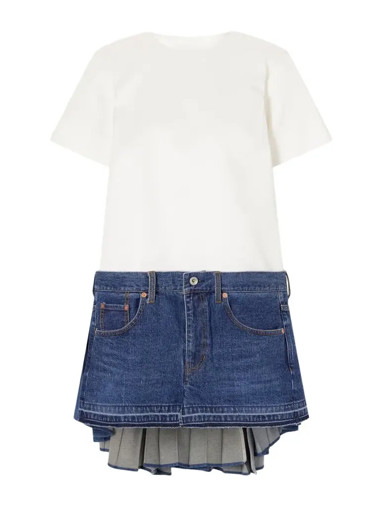 Sacai Cape-effect Pleated Cotton And Silk-blend Jersey And Denim Mini Dress