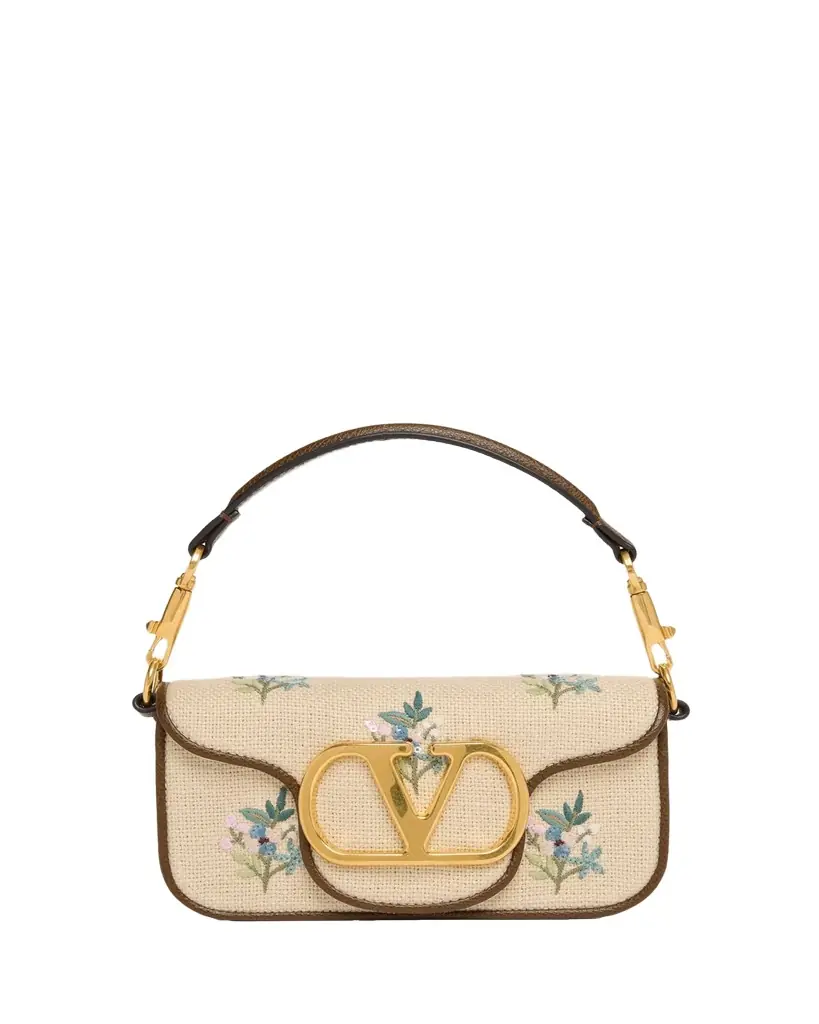 Valentino Garavani Small Floral-Embroidered Woven Flax Shoulder Bag