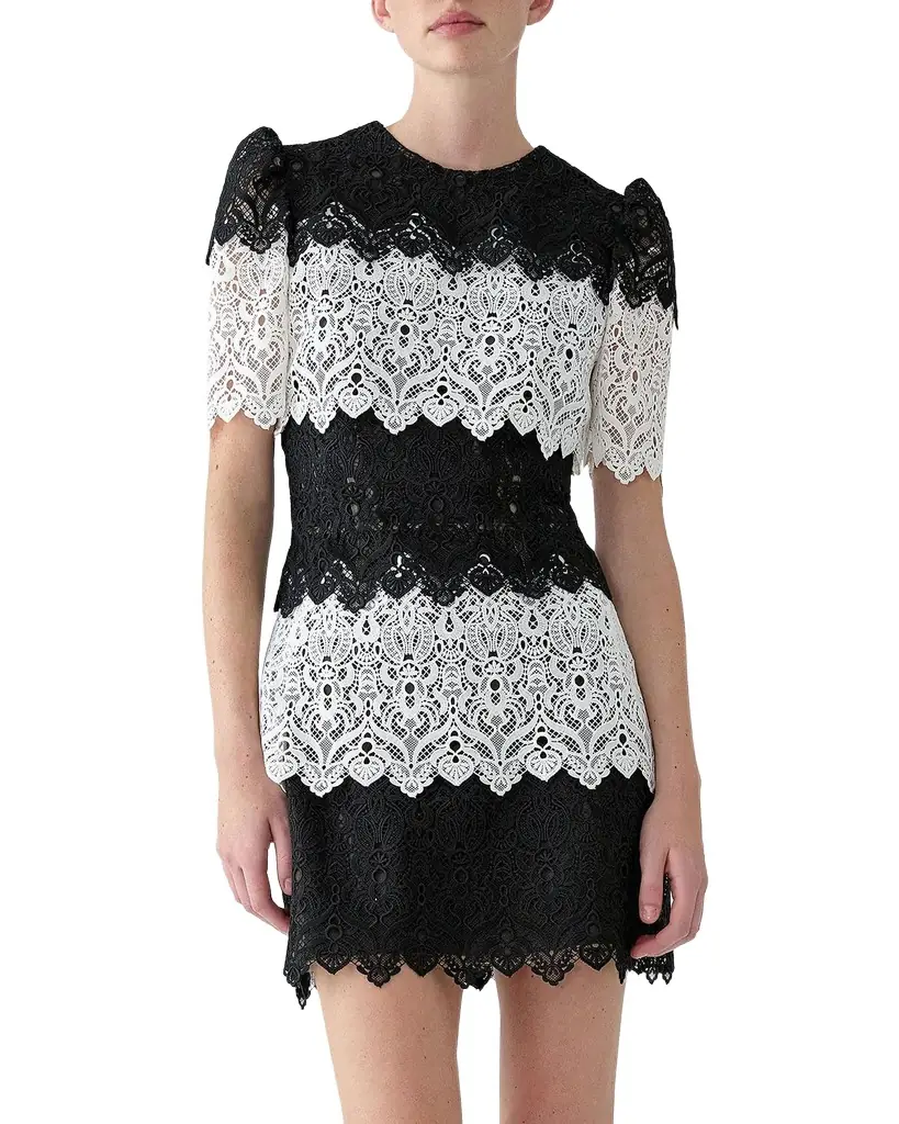 Carolina Herrera Tiered Colorblock Lace Short-Sleeve Mini Dress
