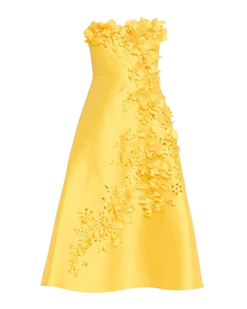 Badgley Mischka Strapless Floral Applique Gazar Midi Dress