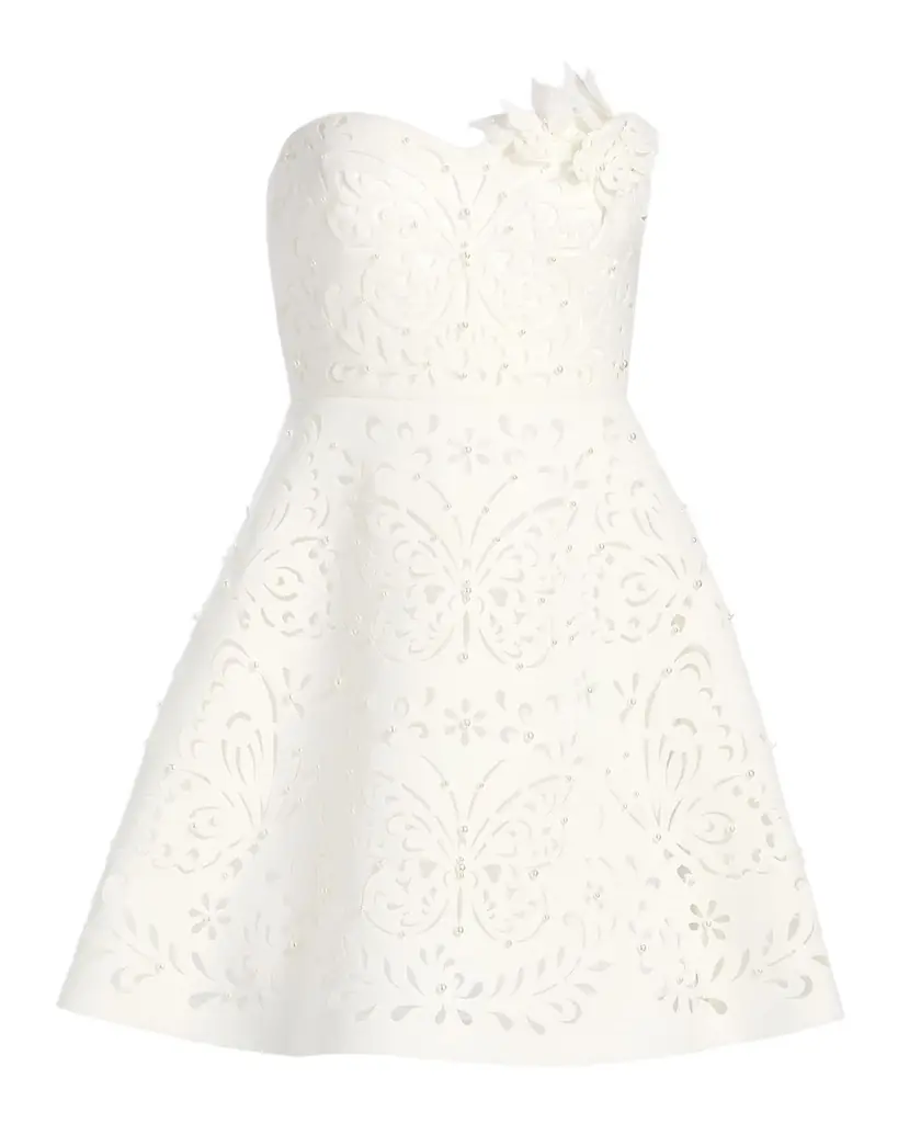 Badgley Mischka Strapless 3D Floral A-Line Mini Dress