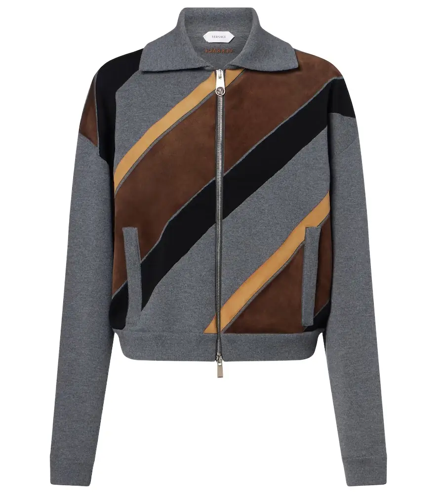 Versace Suede-trimmed wool-blend zip-up sweater